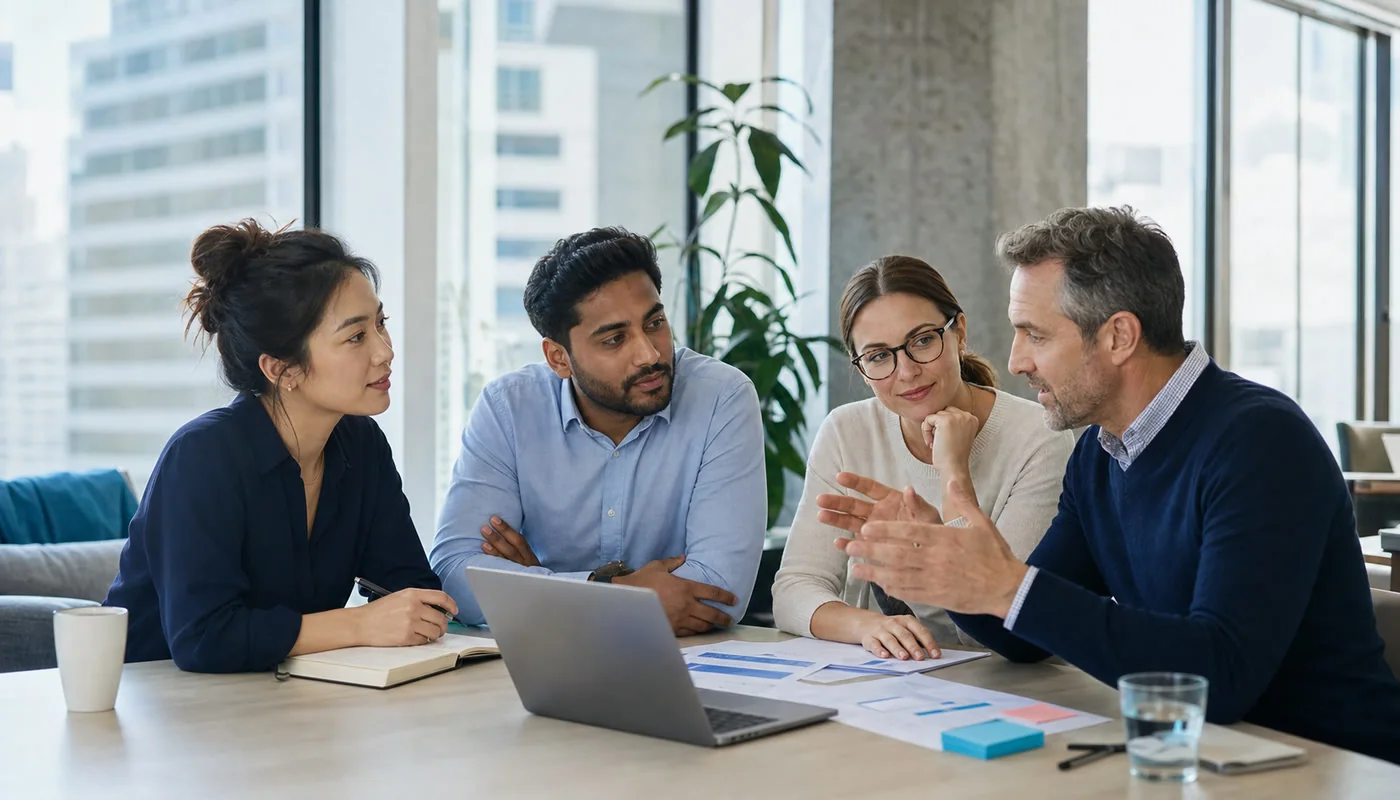 A business team collaborating on a U.S. market-entry plan