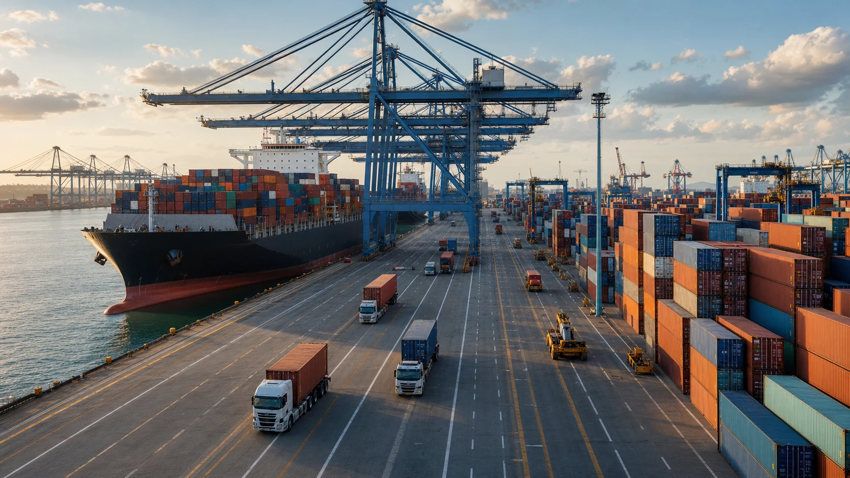 Container terminal with cranes, cargo vessel, and connected truck lanes