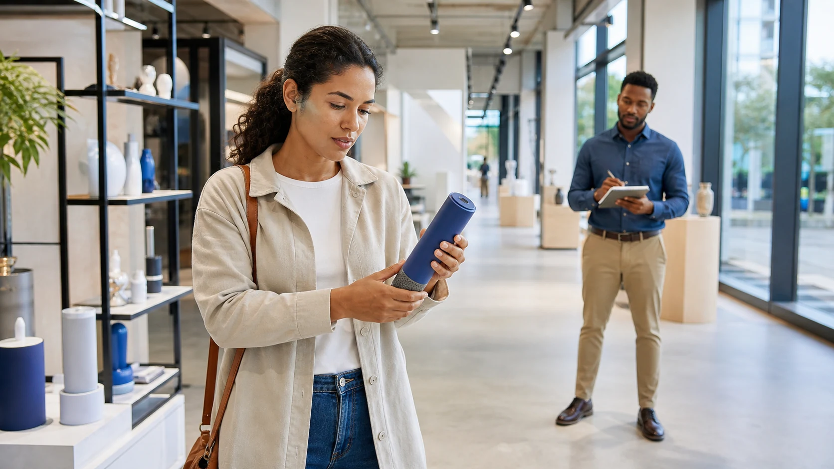 Customer trying an unbranded product while a researcher observes real-world use