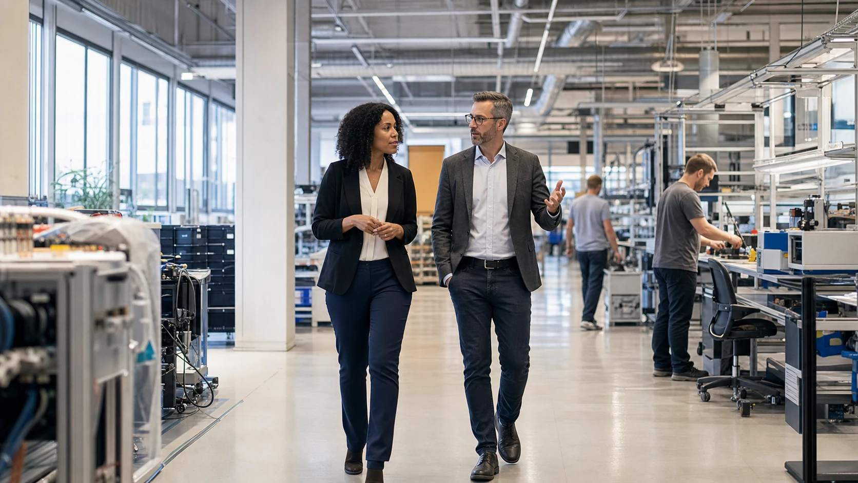 Candidate and hiring manager walking through a modern workplace during an active tour