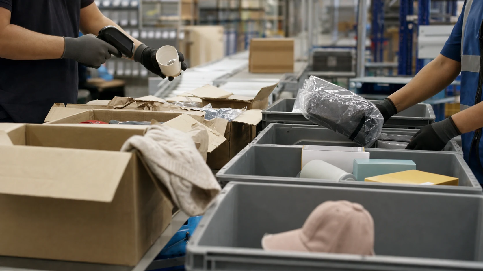 E-commerce returns station with parcels, inspection bins, and active sorting
