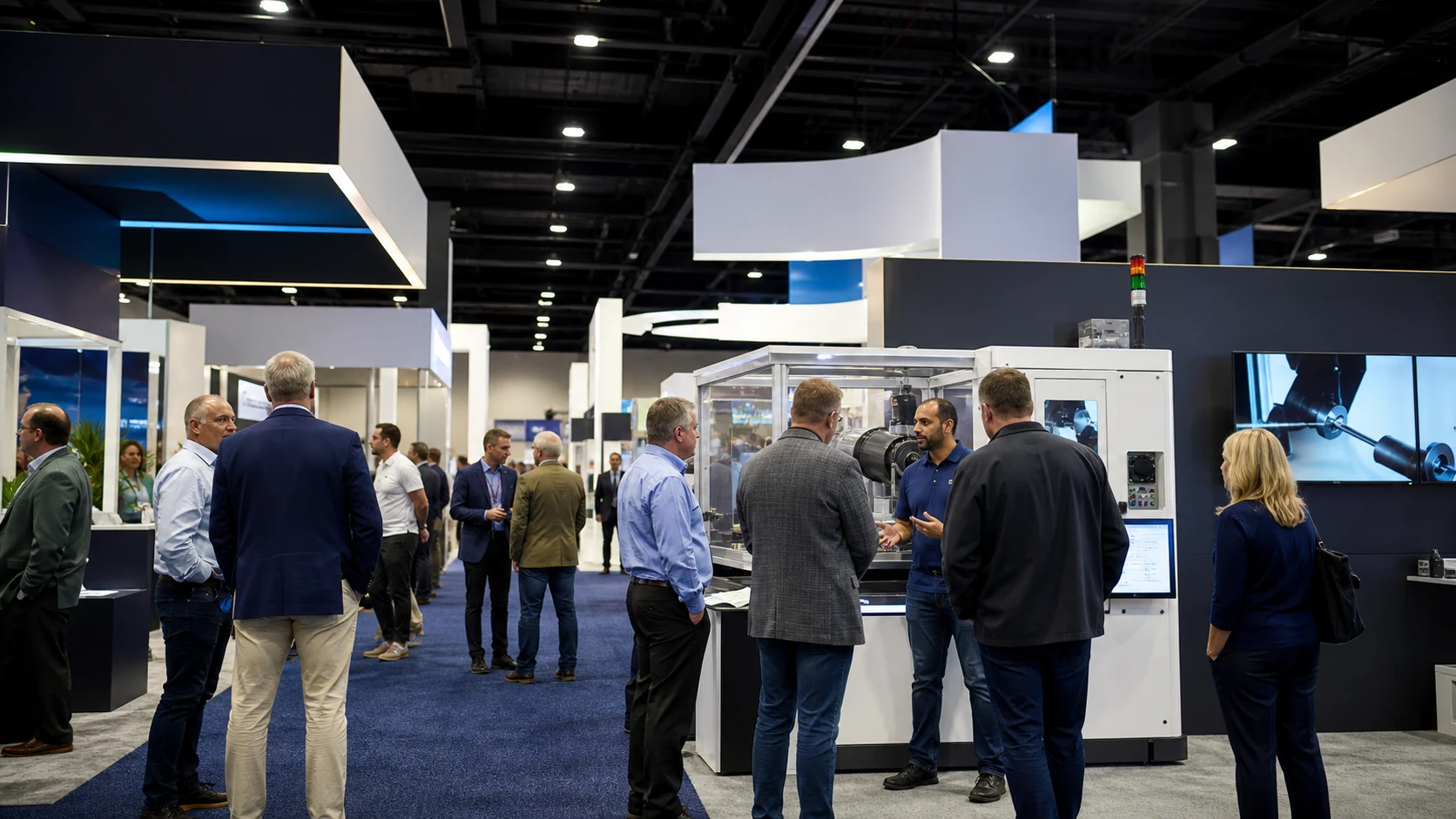 Standing visitors viewing an unbranded product demonstration on a B2B exhibition floor