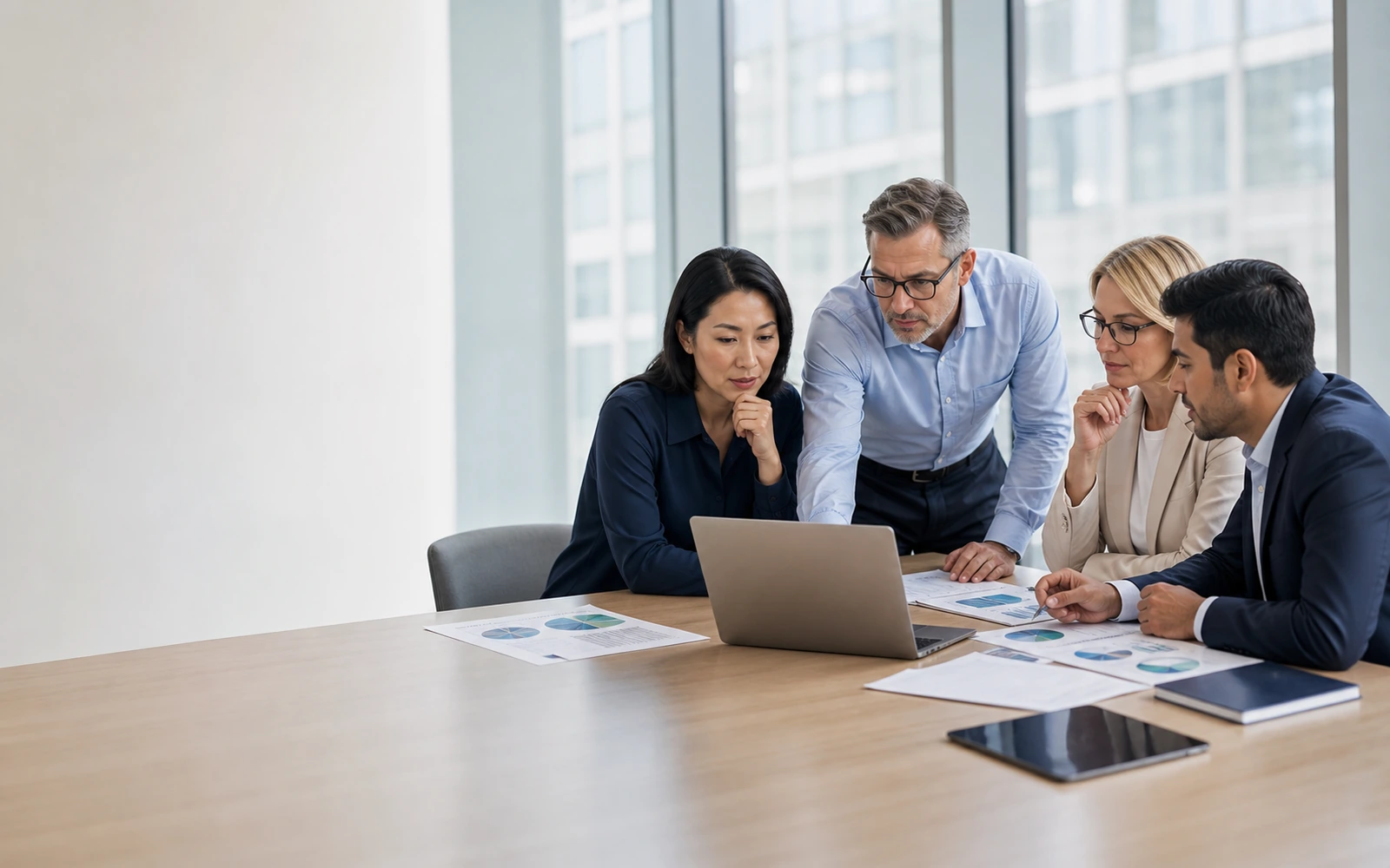 International leadership team reviewing a U.S. expansion plan