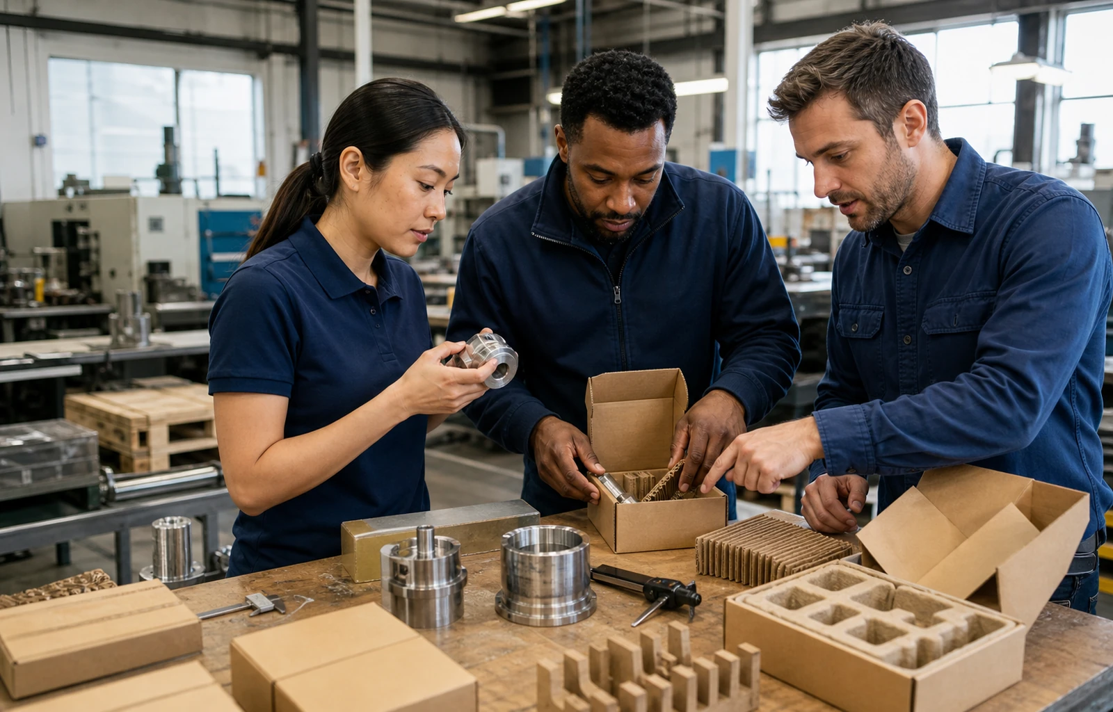 Manufacturing team reviewing physical samples and U.S. channel requirements