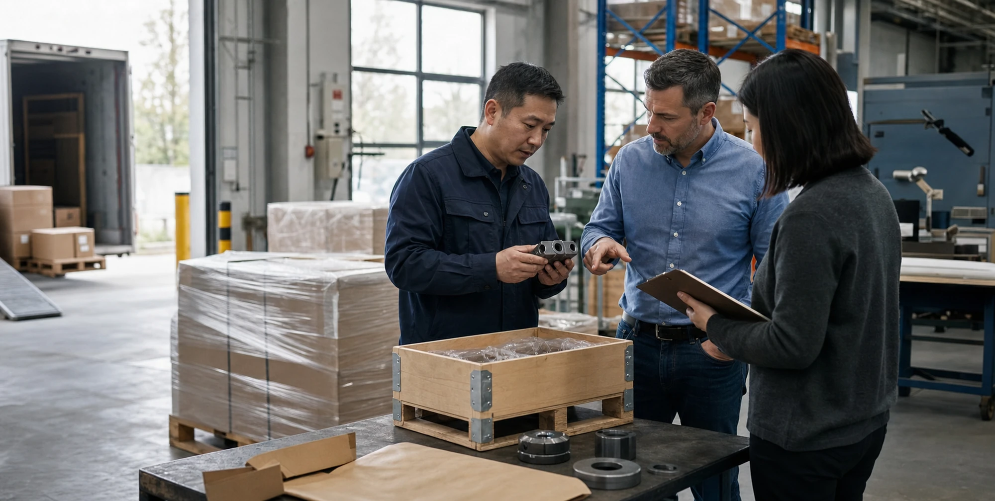 Manufacturing team reviewing an operating handoff