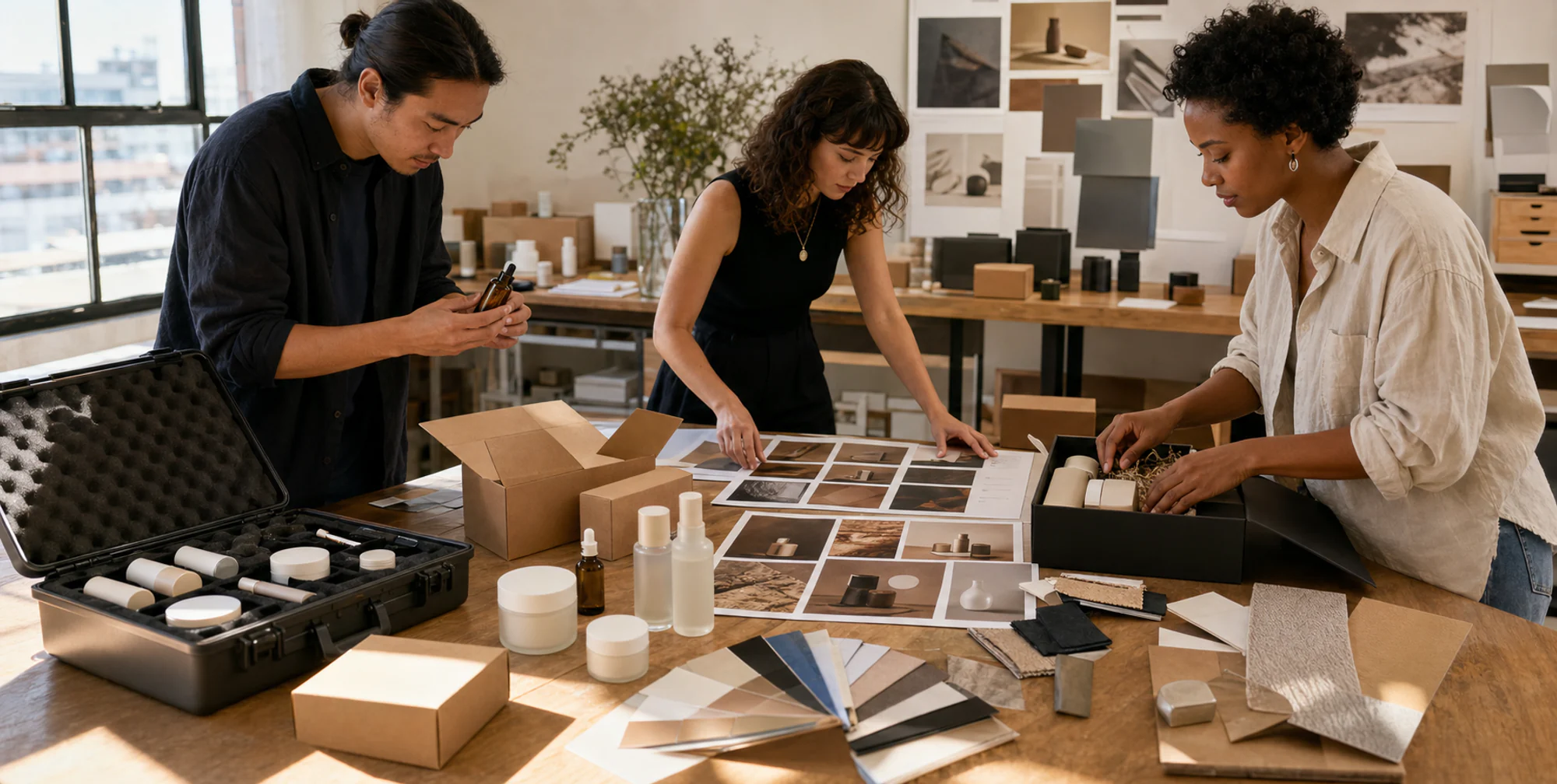 Creative and operations team preparing a product brand launch handoff